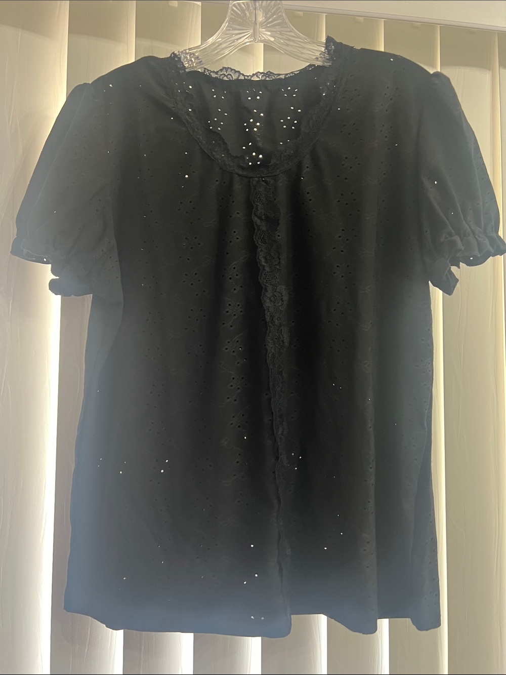 Black Eyelet Lace Puff Sleeve Blouse - Women's Top